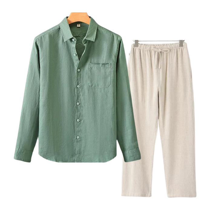 Men's Linen Shirt and Pants Set Summer Fashion Breathable Cotton Linen Outfit Set