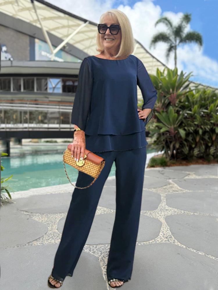 Two-Piece Set Cotton Knit Tiered Chiffon Sleeve Wide Leg Summer Wedding Guest Outfit