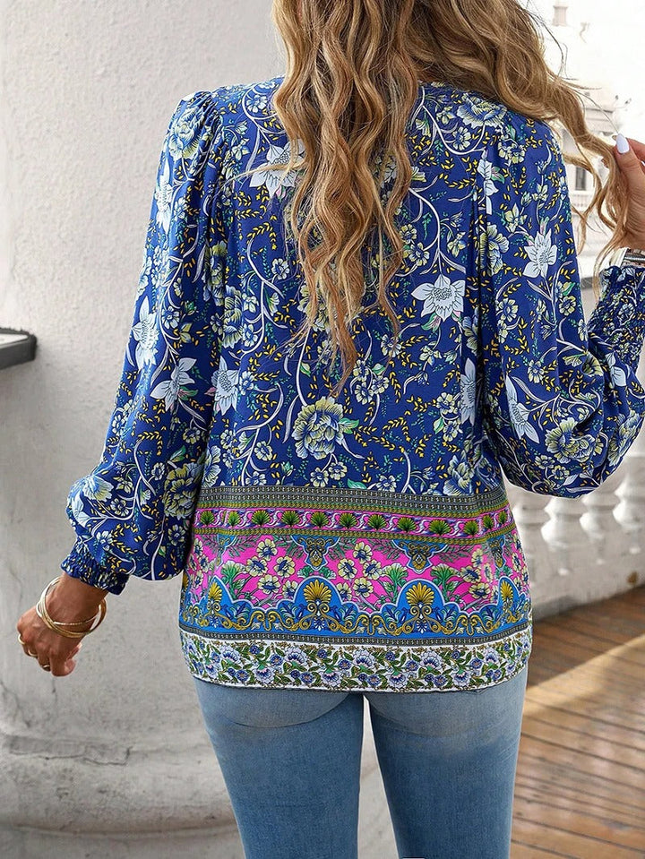 Cotton Floral Print Blouse Ruffled Cuffs Long Sleeve Top Lightweight For Women