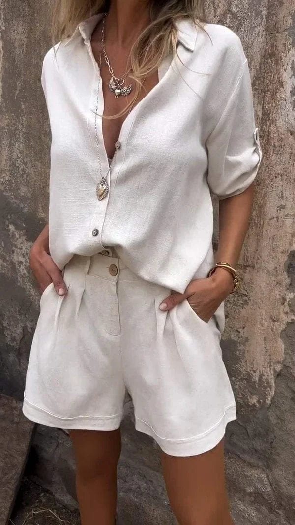 Linen Blend Two Piece Button Up Shirt and Shorts Lounge Set Summer For Women