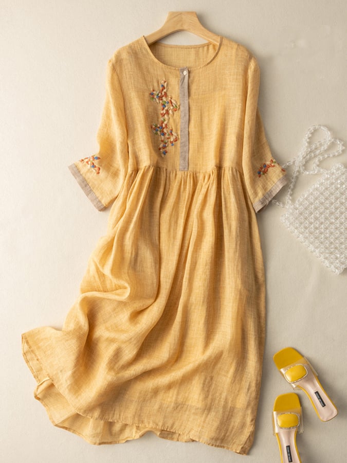 Midi Dress Cotton Linen Embroidered Summer Tunic Dress for Women