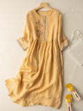 Midi Dress Cotton Linen Embroidered Summer Tunic Dress for Women