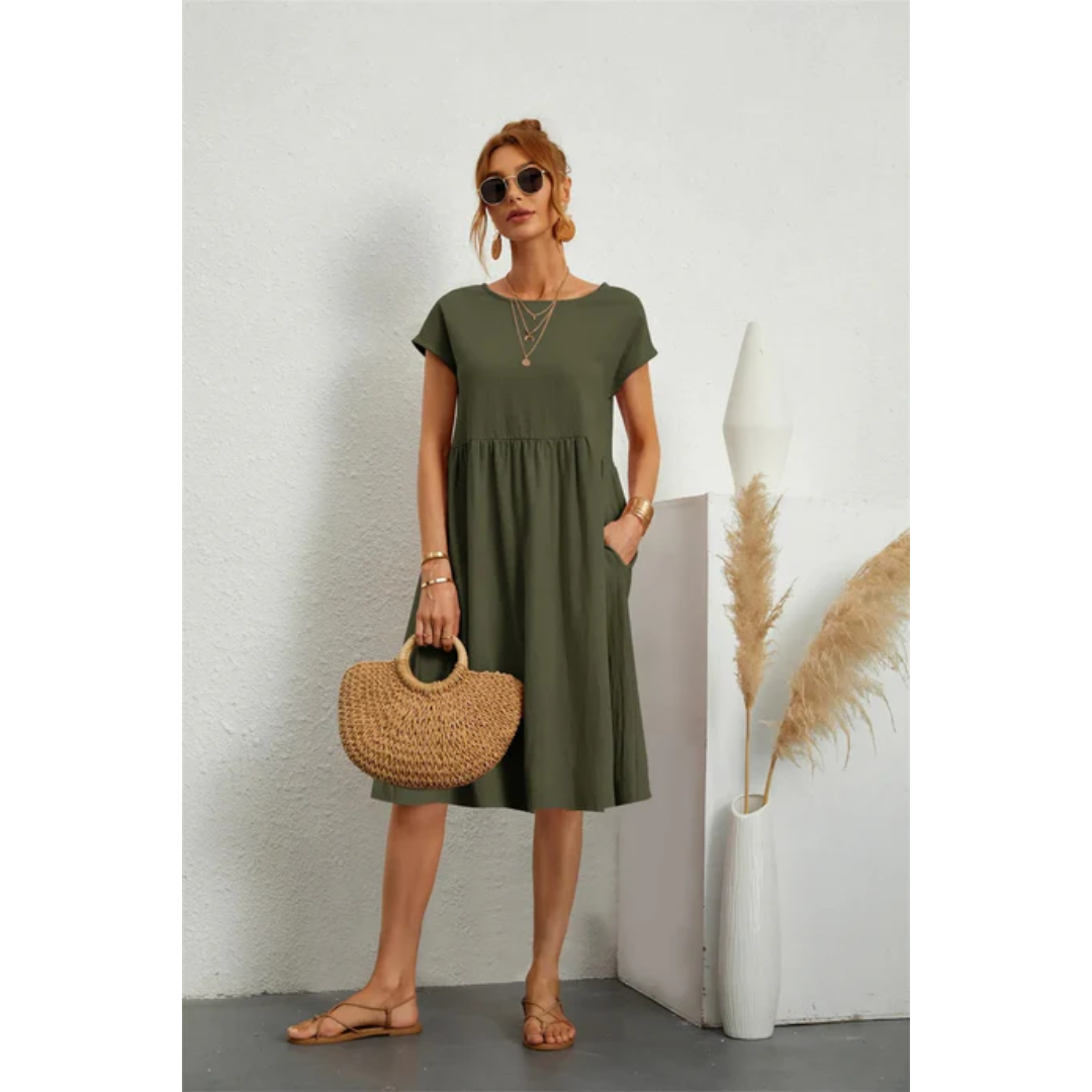 Smock Dress Women's Short Sleeve Linen Blend Casual A-Line Tunic