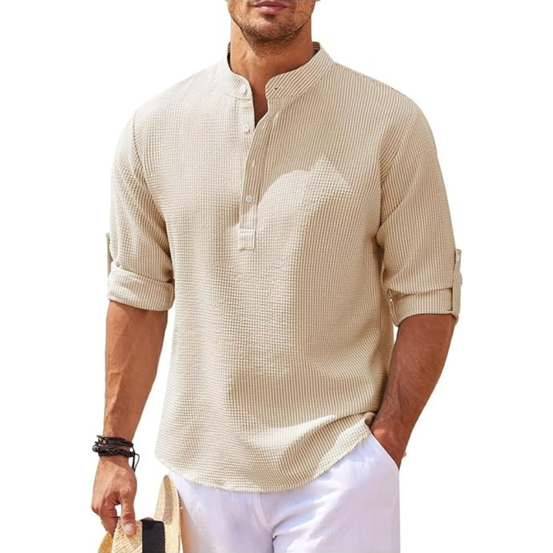 Men's Linen Henley Shirt Casual Lightweight Roll Up Sleeve Top