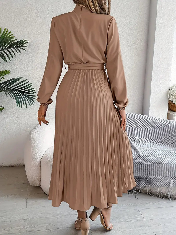Women's Pleated Midi Dress Long Sleeve Summer Tie Waist