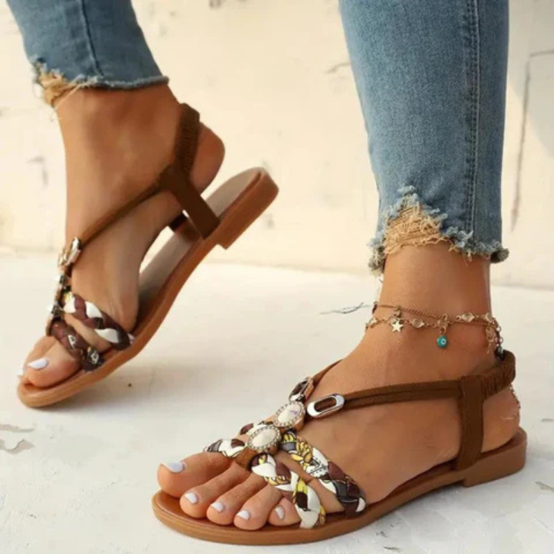 Sandals Women's Floral Beaded Faux Leather Summer Sandals