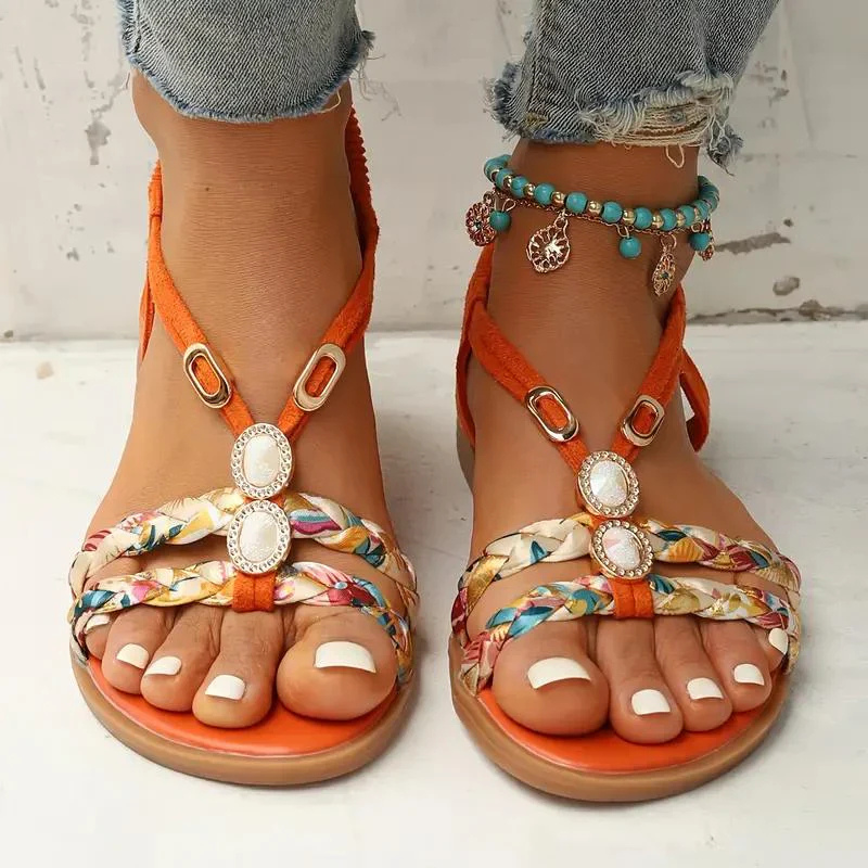 Sandals Women's Floral Beaded Faux Leather Summer Sandals