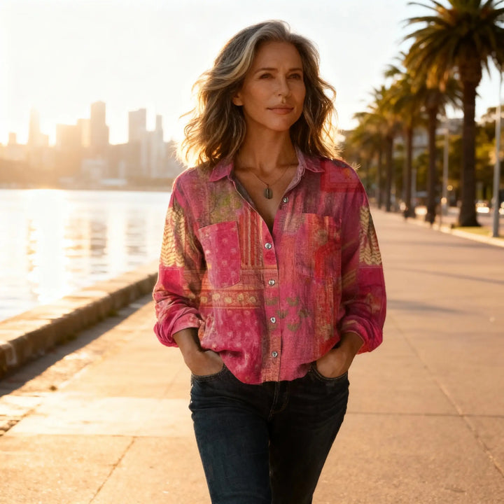 Women's Blouse Cotton Vintage Print Summer Long Sleeve Shirt