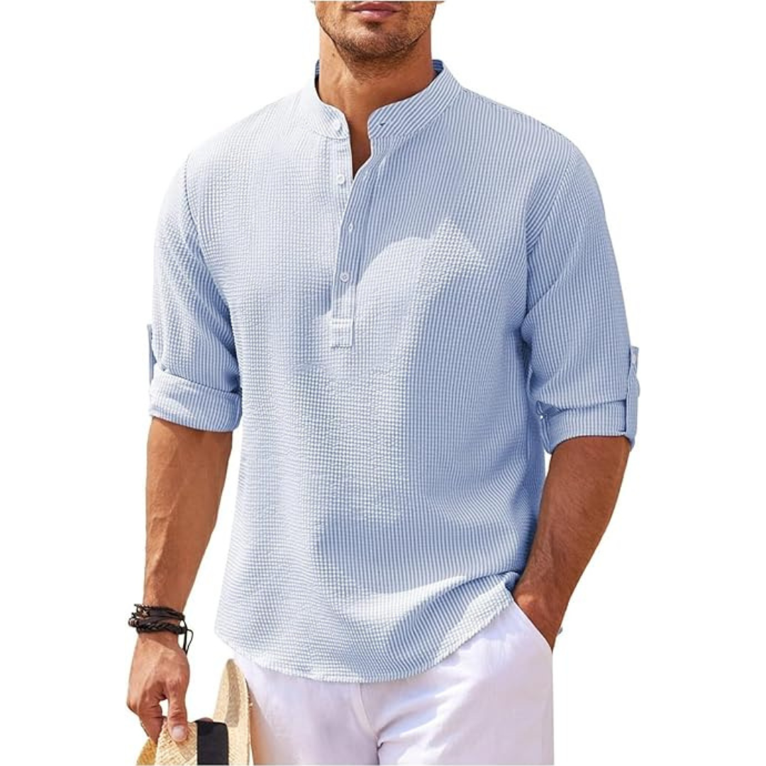 Men's Linen Henley Shirt Casual Lightweight Roll Up Sleeve Top
