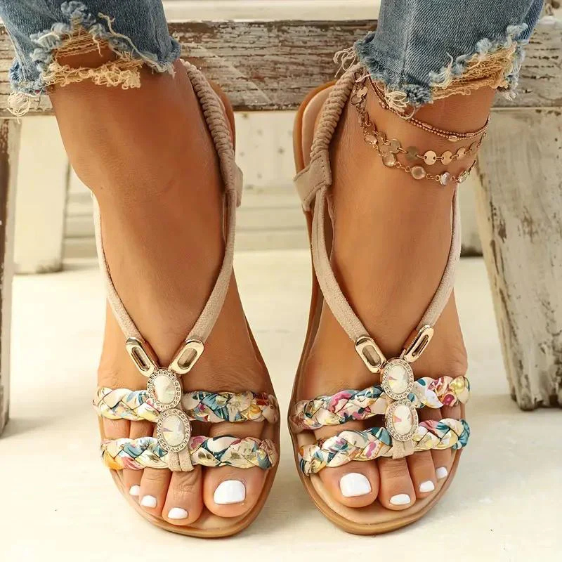 Sandals Women's Floral Beaded Faux Leather Summer Sandals