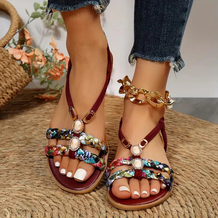 Sandals Women's Floral Beaded Faux Leather Summer Sandals