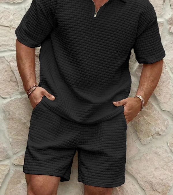 Men's Short Sleeve Textured Outfit Set Summer Fashion Breathable Cotton Knit Suit