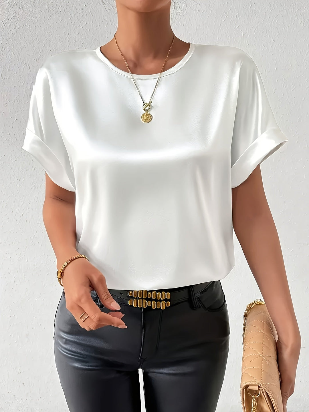 Satin Blouse Short Sleeve Cotton Blend Top Women's Summer Fashion
