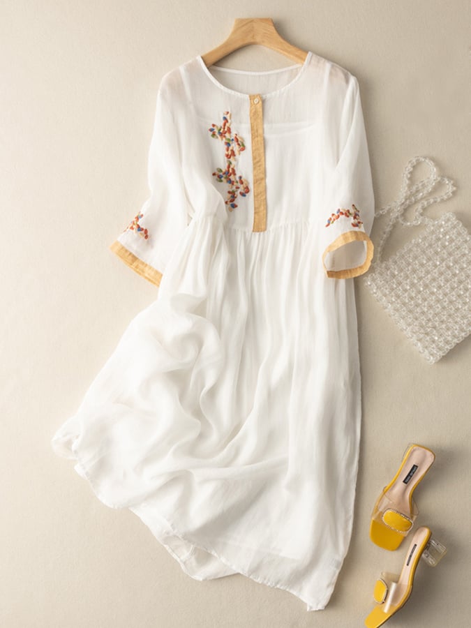 Midi Dress Cotton Linen Embroidered Summer Tunic Dress for Women