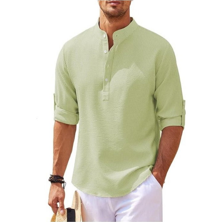 Men's Linen Henley Shirt Casual Lightweight Roll Up Sleeve Top