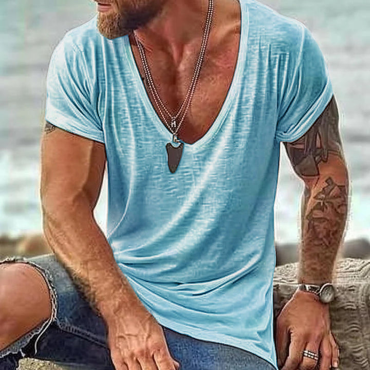 Men's Deep V-Neck Summer Lightweight Fleece T-Shirt
