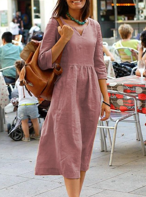 Women's Dress Summer Fashion Breathable Cotton Linen Casual Mid-Length Gown