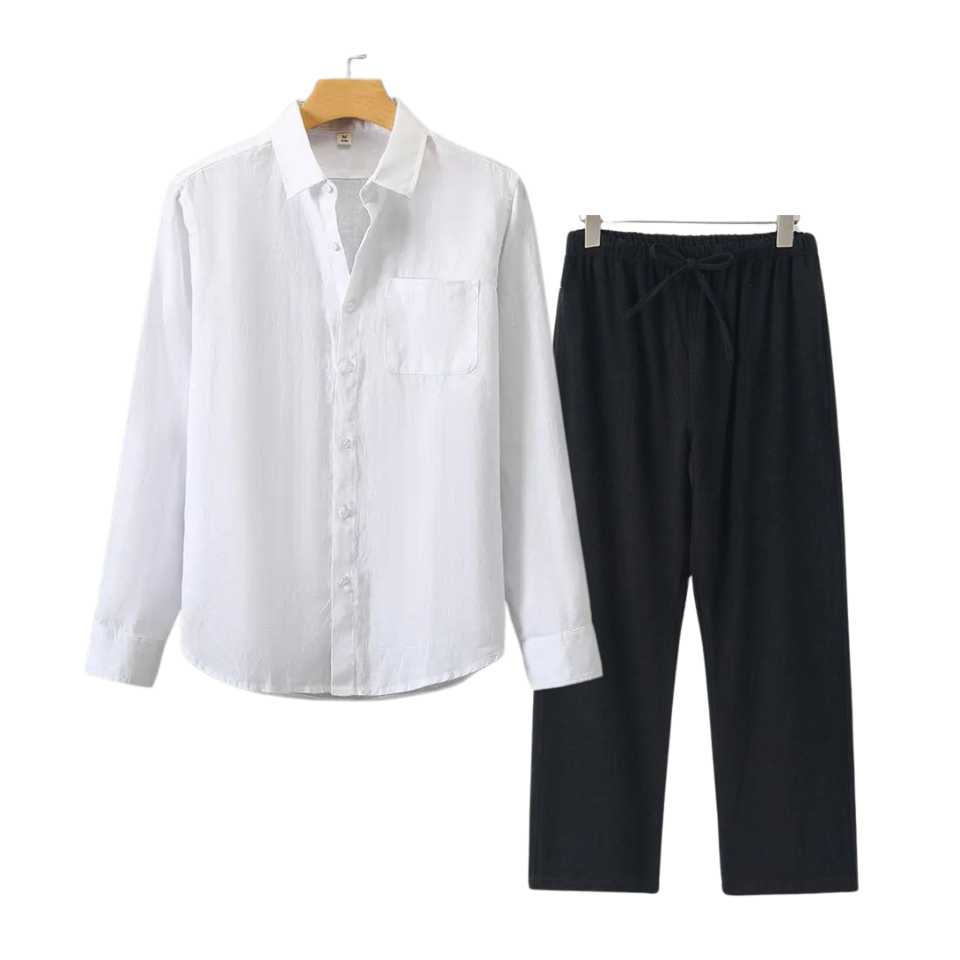 Men's Linen Shirt and Pants Set Summer Fashion Breathable Cotton Linen Outfit Set