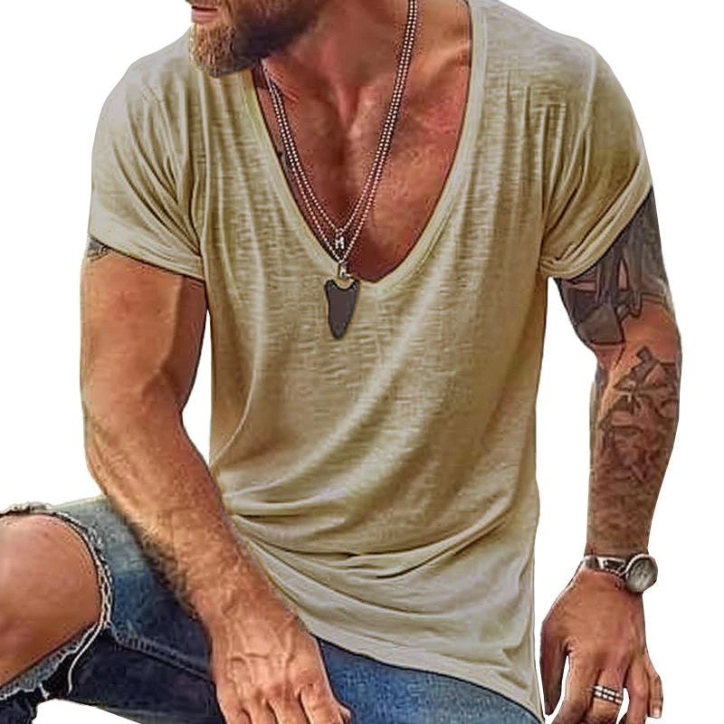 Men's Deep V-Neck Summer Lightweight Fleece T-Shirt