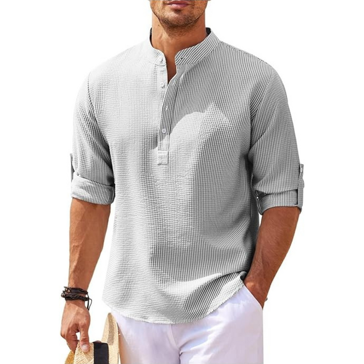 Men's Linen Henley Shirt Casual Lightweight Roll Up Sleeve Top
