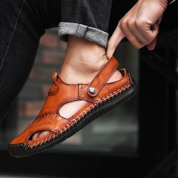 Men's Leather Summer Sandals Closed Toe Fisherman Shoes