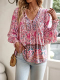 Cotton Floral Print Blouse Ruffled Cuffs Long Sleeve Top Lightweight For Women