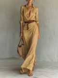 Women's Linen Maxi Shirt Dress Summer Long Sleeve Casual Gown
