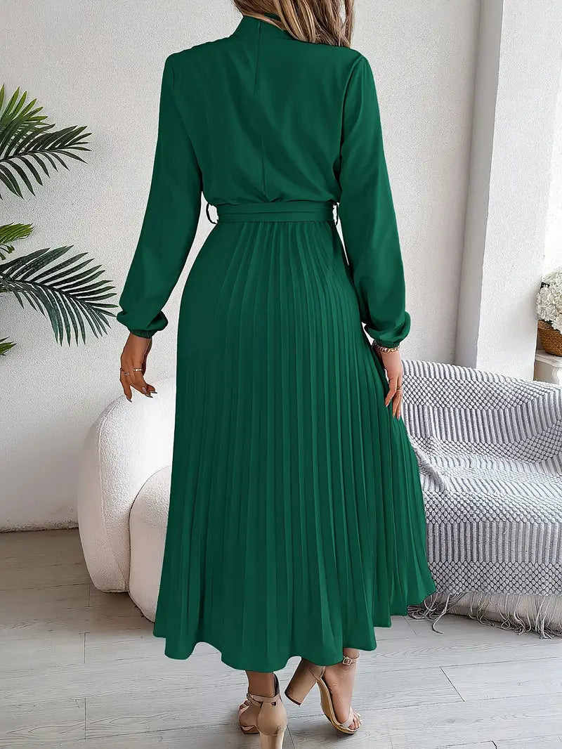 Women's Pleated Midi Dress Long Sleeve Summer Tie Waist
