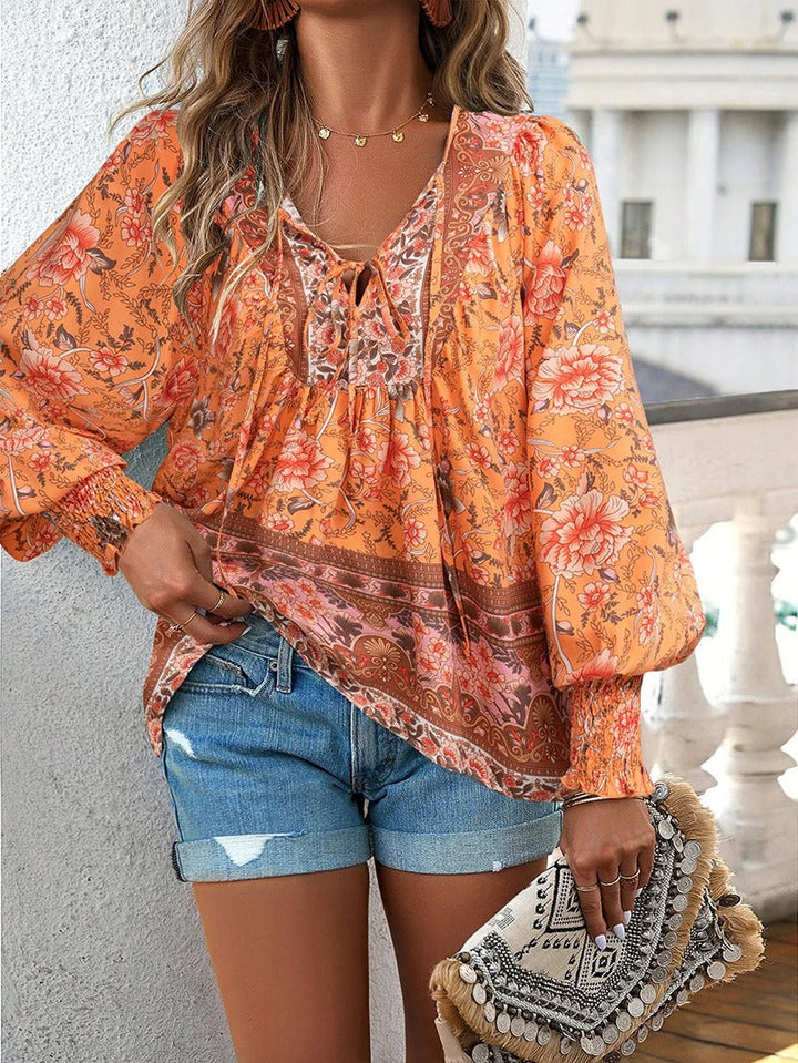 Cotton Floral Print Blouse Ruffled Cuffs Long Sleeve Top Lightweight For Women