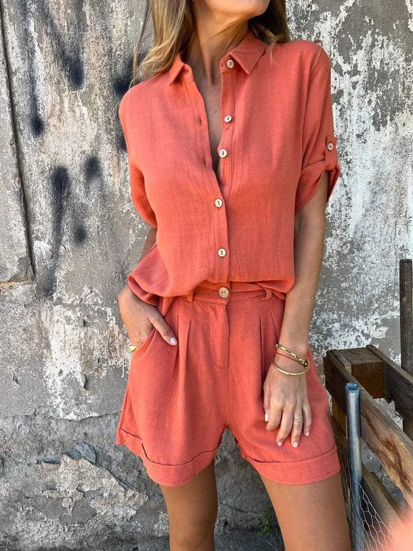 Linen Blend Two Piece Button Up Shirt and Shorts Lounge Set Summer For Women