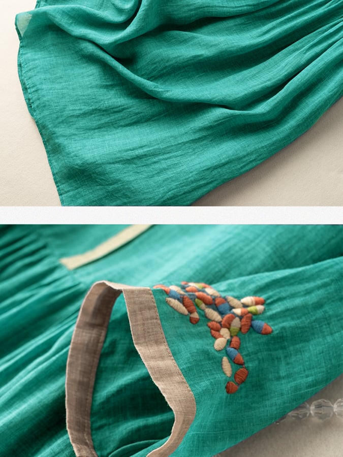 Midi Dress Cotton Linen Embroidered Summer Tunic Dress for Women