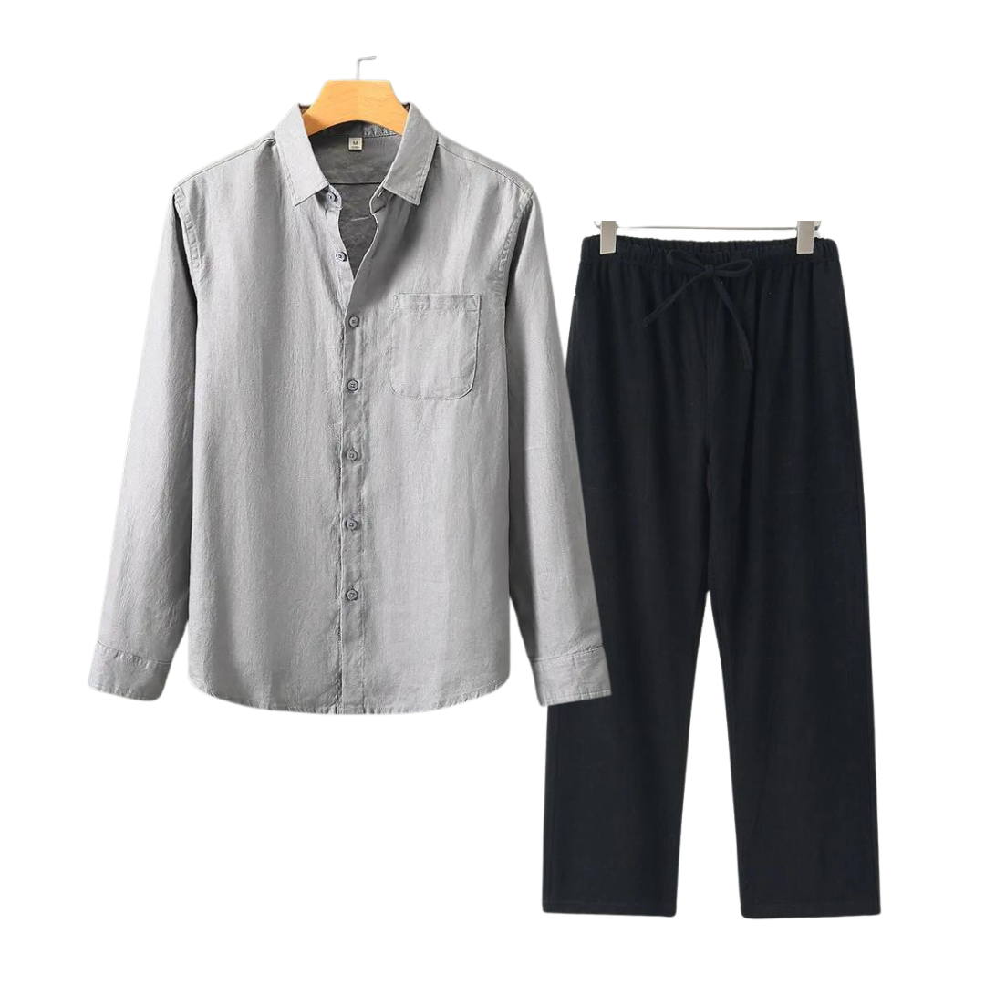 Men's Linen Shirt and Pants Set Summer Fashion Breathable Cotton Linen Outfit Set