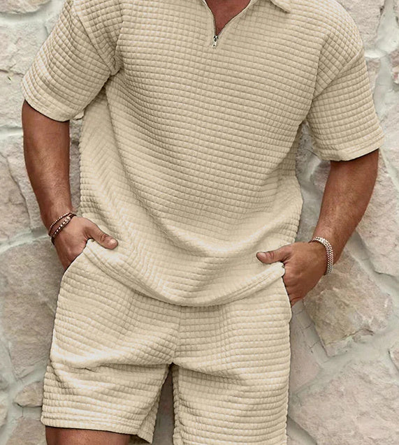 Men's Short Sleeve Textured Outfit Set Summer Fashion Breathable Cotton Knit Suit