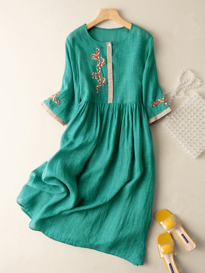 Midi Dress Cotton Linen Embroidered Summer Tunic Dress for Women