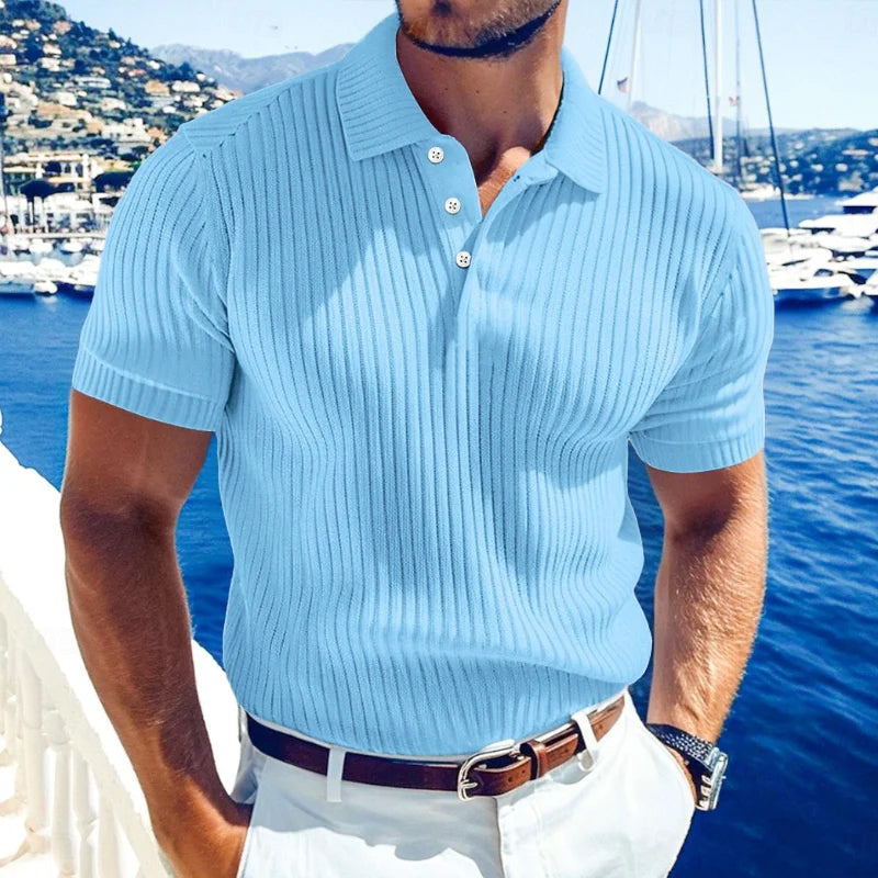 Men's Knit Polo Shirt Cotton Short Sleeve Textured Summer Top