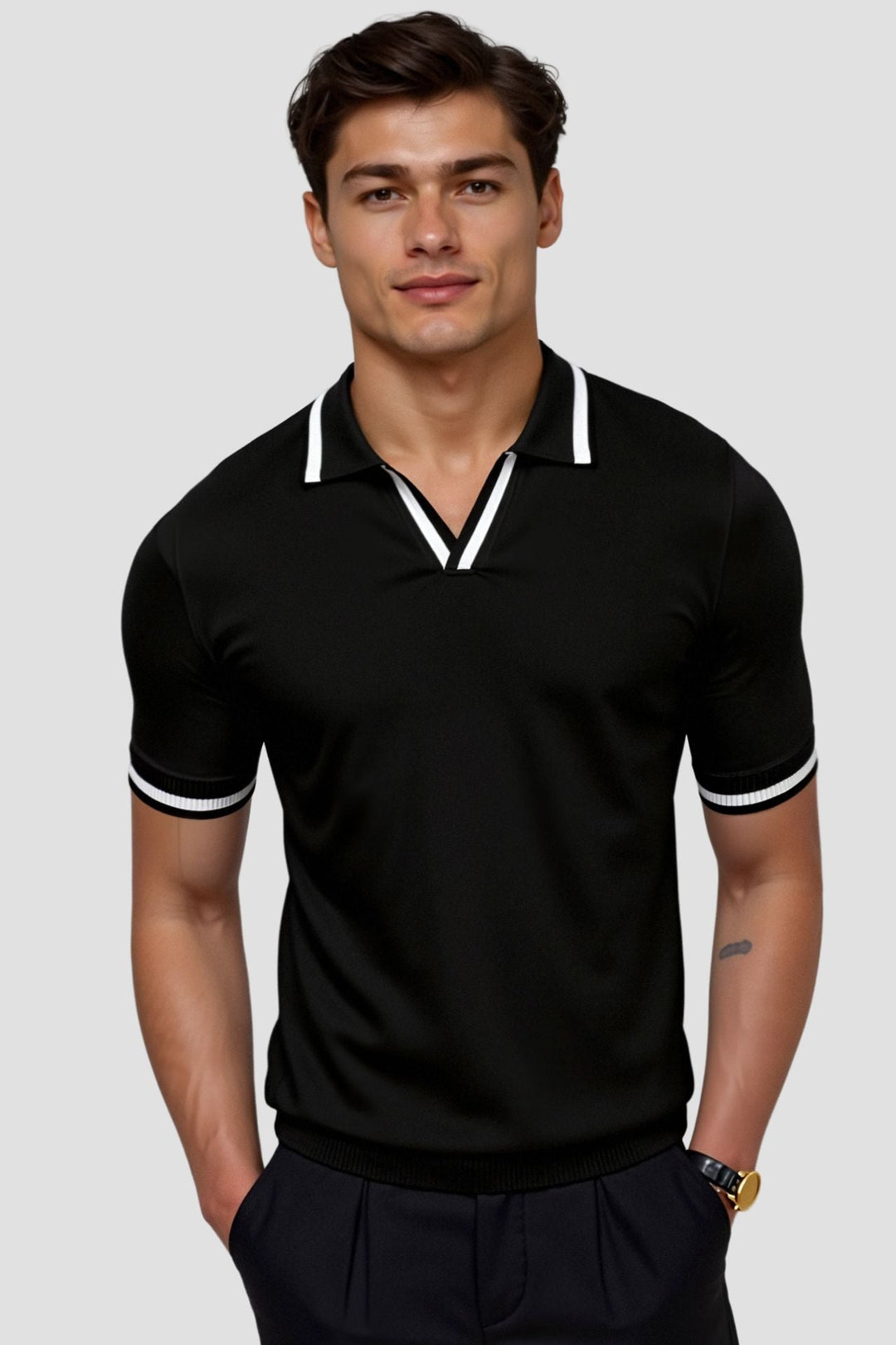 Men's Knit Polo Shirt Short Sleeve Open Collar Smart-Casual Top