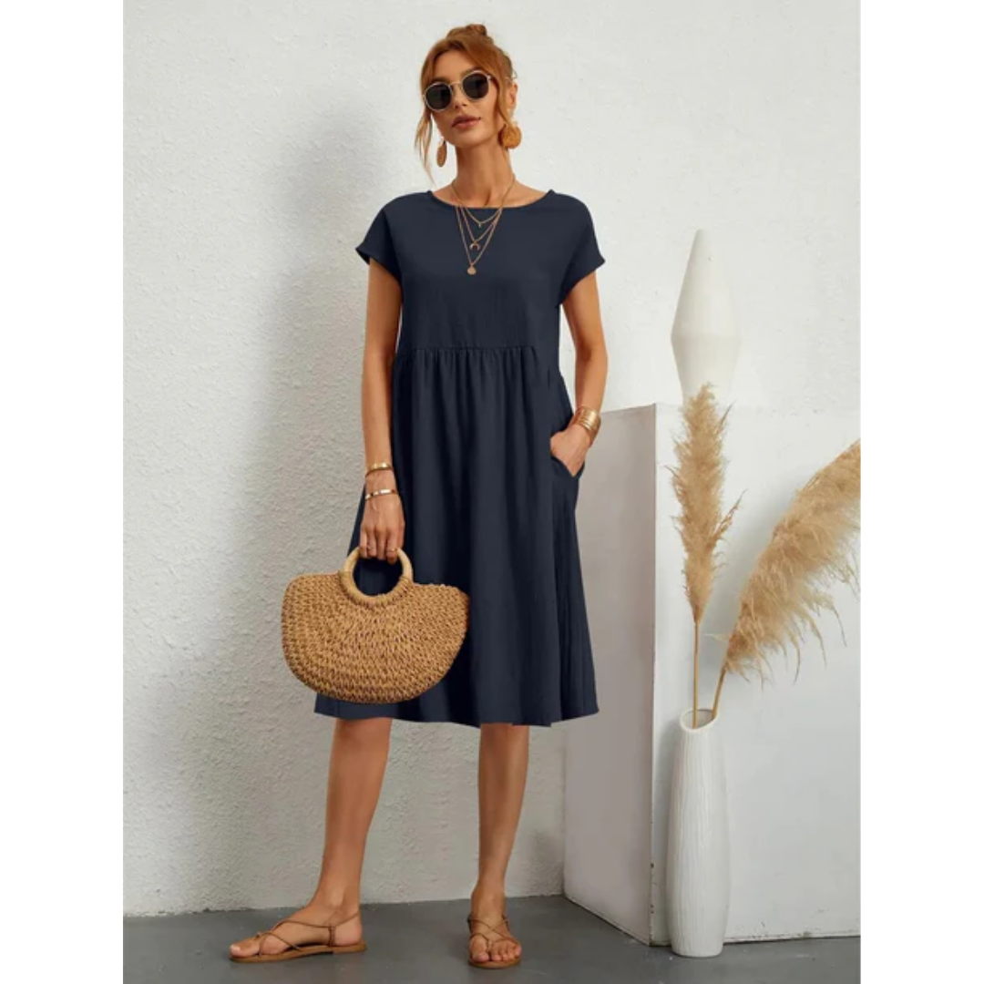 Smock Dress Women's Short Sleeve Linen Blend Casual A-Line Tunic