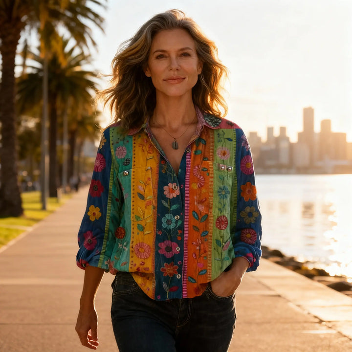 Women's Blouse Cotton Vintage Print Summer Long Sleeve Shirt