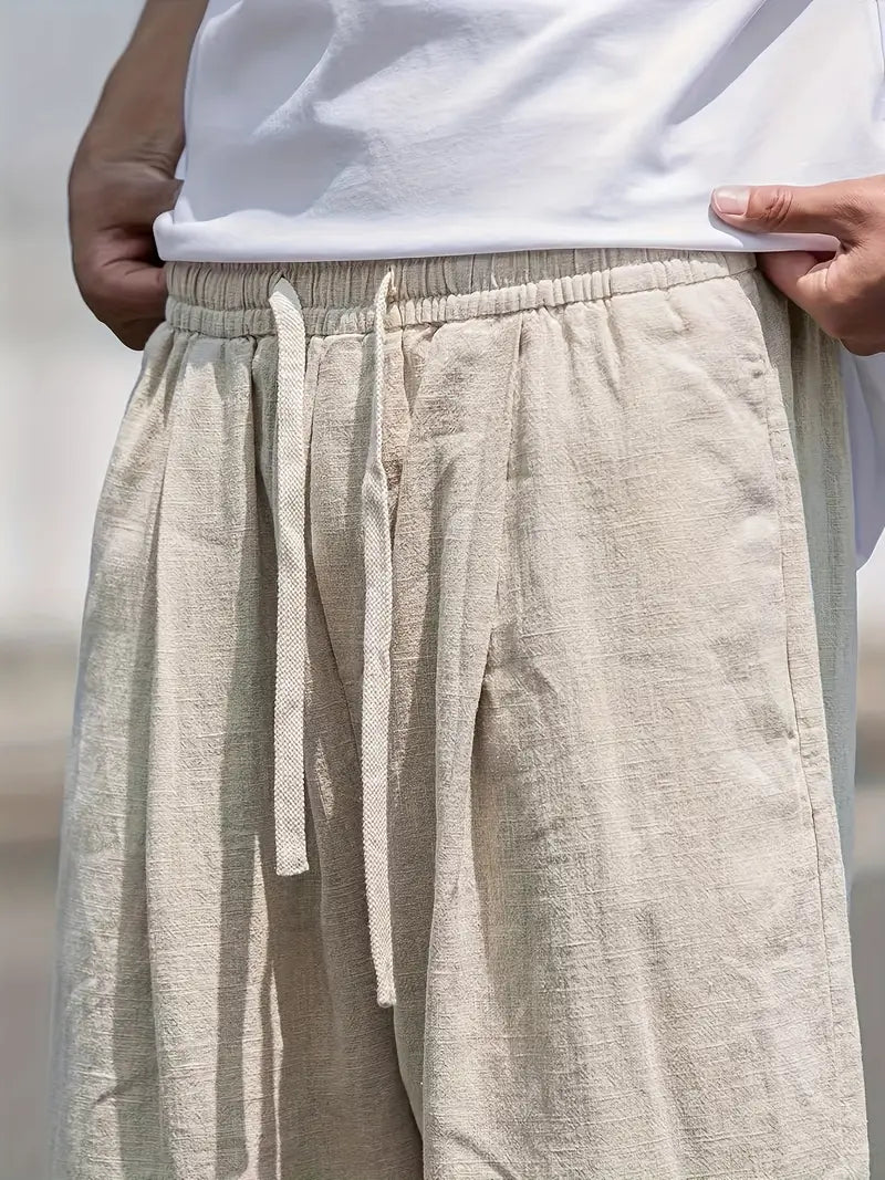 Men's Cotton Linen Trousers Relaxed Fit Wide Leg Casual Pants for Summer