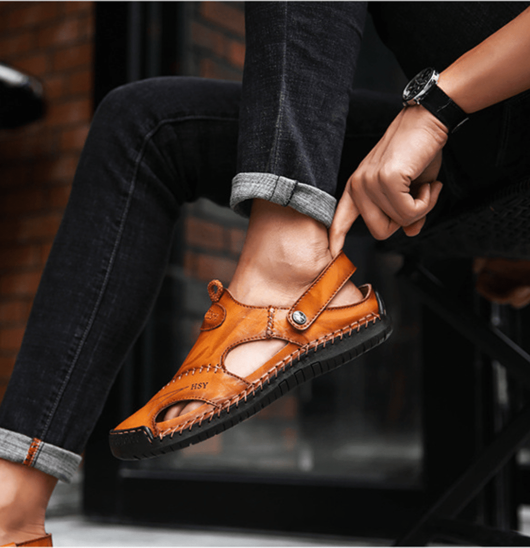 Men's Leather Summer Sandals Closed Toe Fisherman Shoes