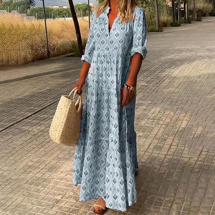 Women Summer Cotton Maxi Dress Bohemian V-Neck Flowing Sun Dress