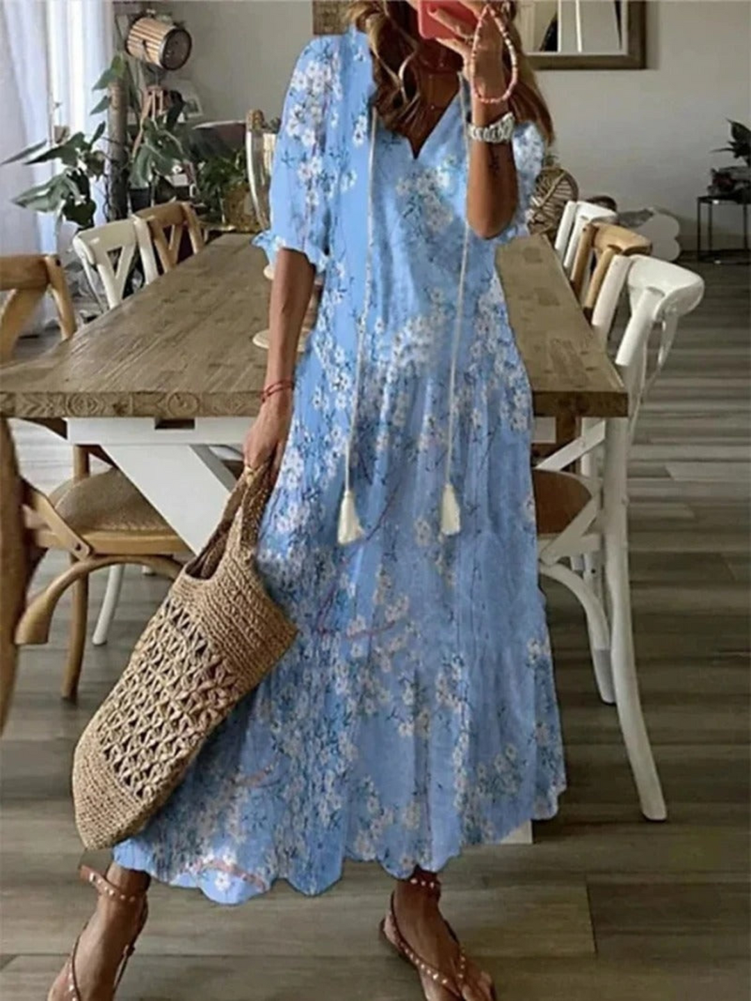 Bohemian-Inspired Maxi Dress | Flowy Fit | Sky Blue
