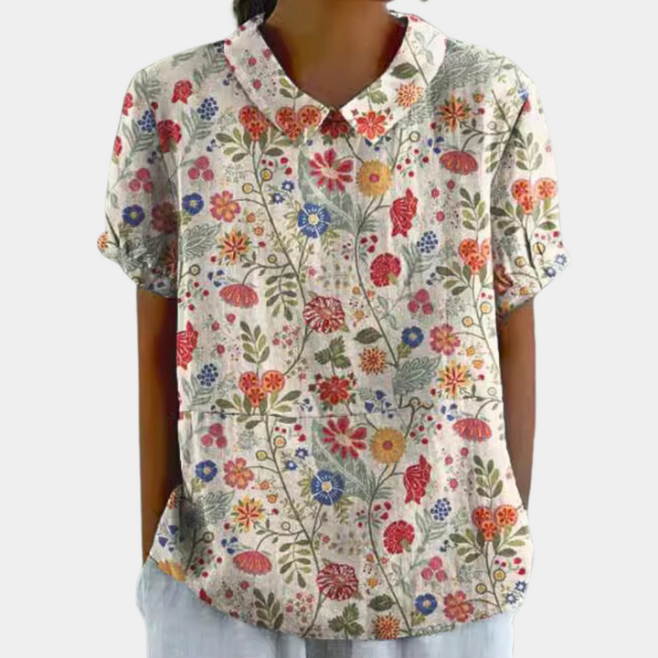 Short Sleeve Cotton Blouse Floral Peter Pan Collar Women's Casual Summer Top