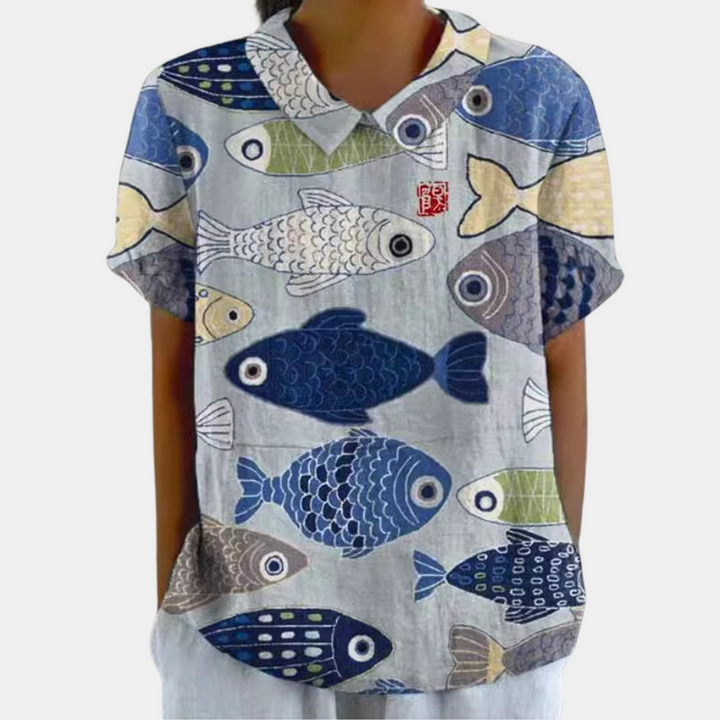 Short Sleeve Cotton Blouse Floral Peter Pan Collar Women's Casual Summer Top