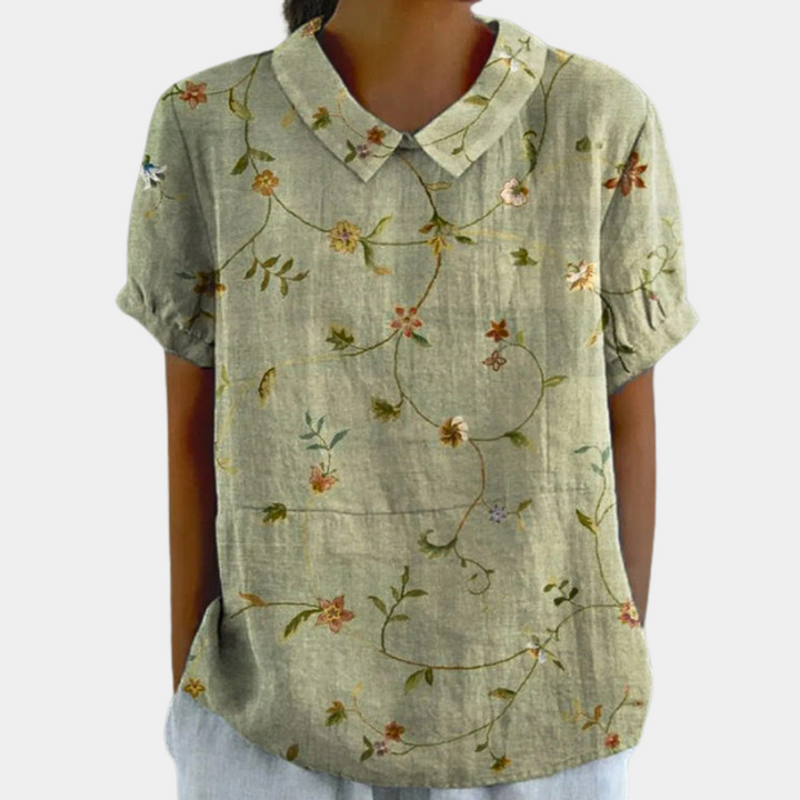 Short Sleeve Cotton Blouse Floral Peter Pan Collar Women's Casual Summer Top