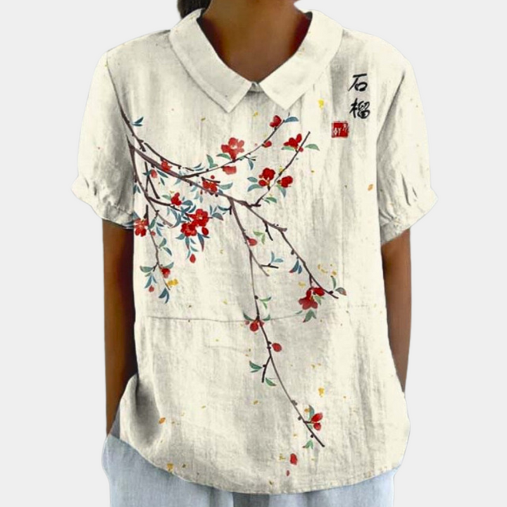 Short Sleeve Cotton Blouse Floral Peter Pan Collar Women's Casual Summer Top