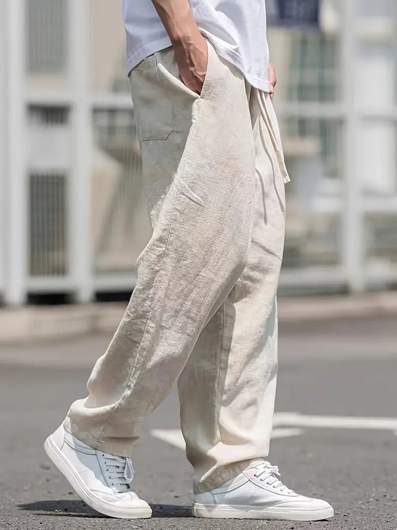 Men's Cotton Linen Trousers Relaxed Fit Wide Leg Casual Pants for Summer