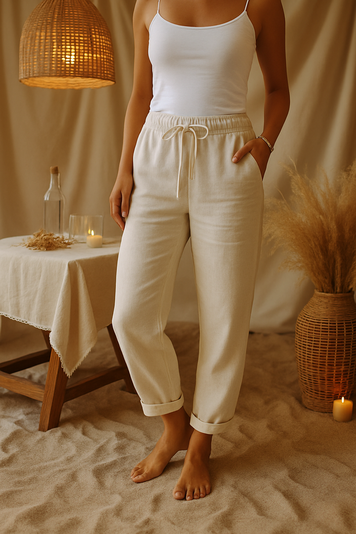 Women's Linen Cotton Trousers Lightweight Summer Drawstring Pants