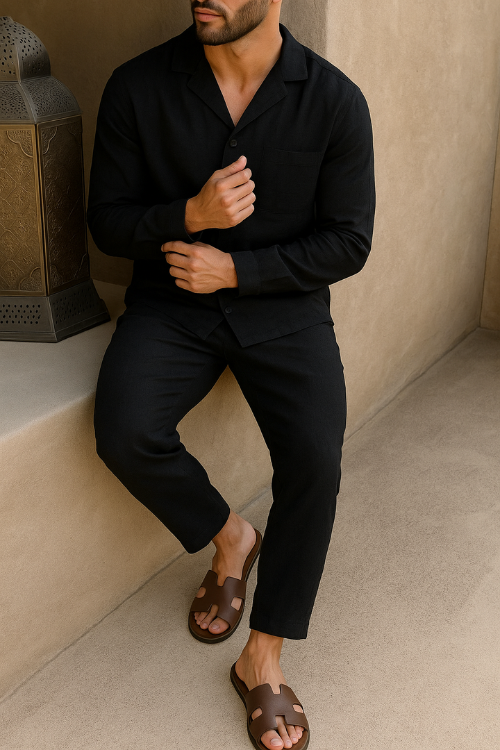 Linen Outfit Set Men's Summer Cuban Collar Shirt and Trousers