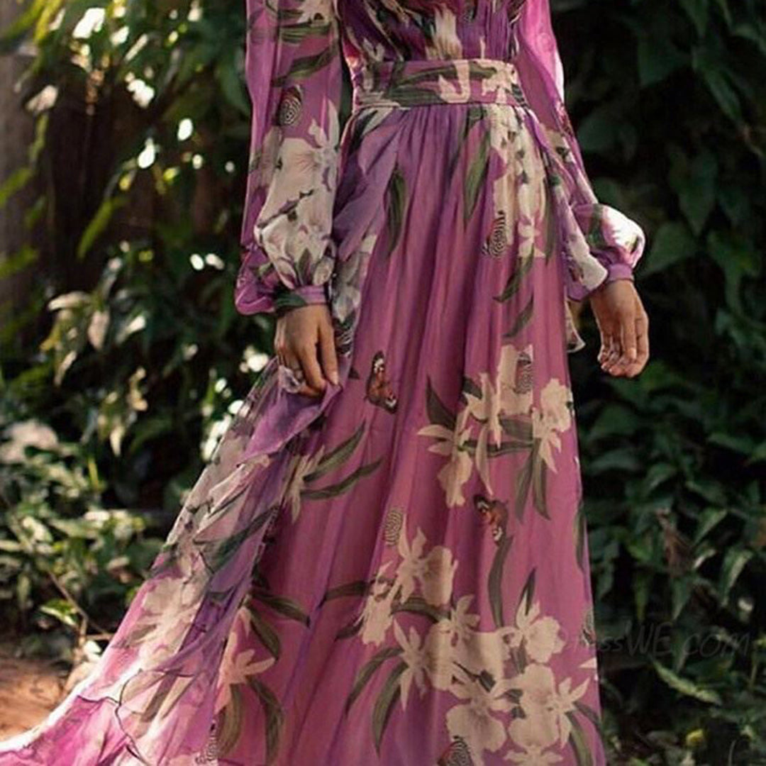 Women's Floral Silk Maxi Dress Summer Long Sleeve Flowy Boho V Neck Cocktail Gown